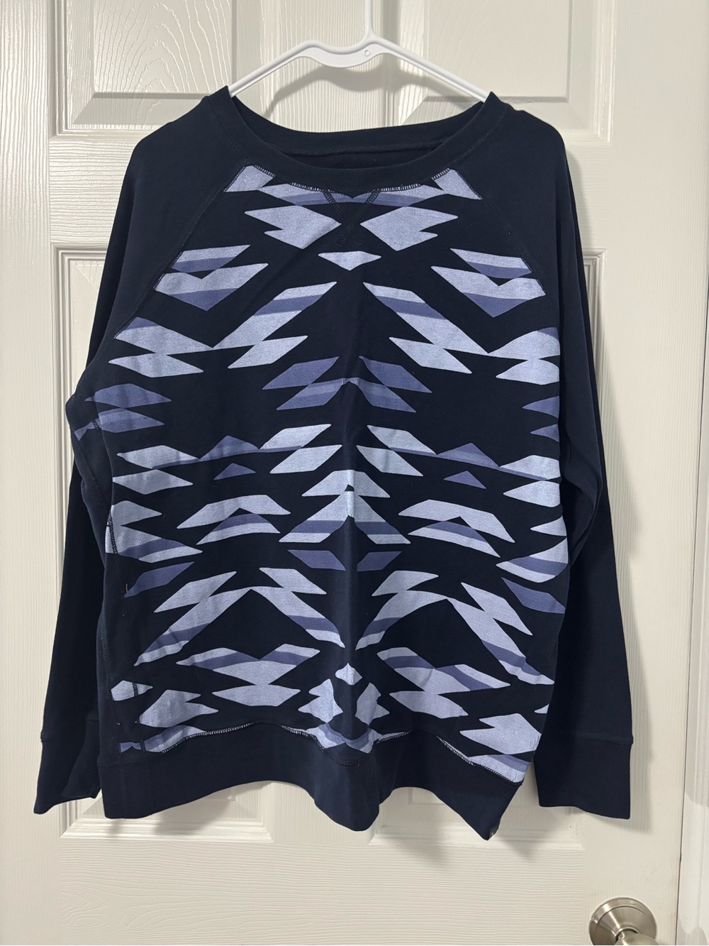 Eddie Bauer Navy Crewneck Sweater with Light Blue Geometric Pattern